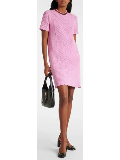 Cotton-Blend Open-Knit Pink Mini Dress - small - Dresses