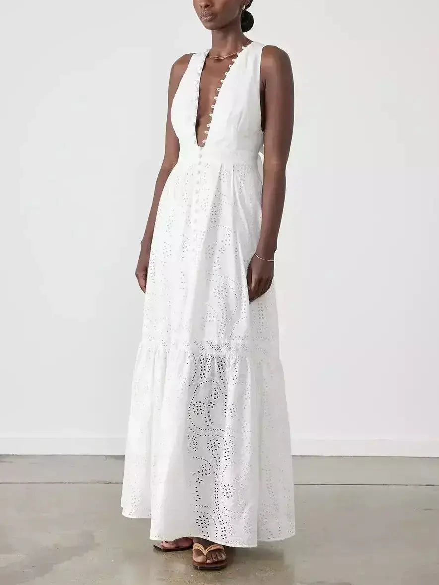 Cotton Broderie White Halter Maxi Dress - Dresses