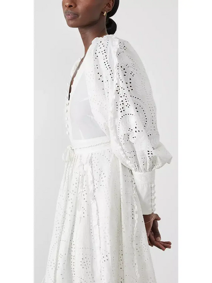 Cotton Broderie White Midi Dress - Dresses