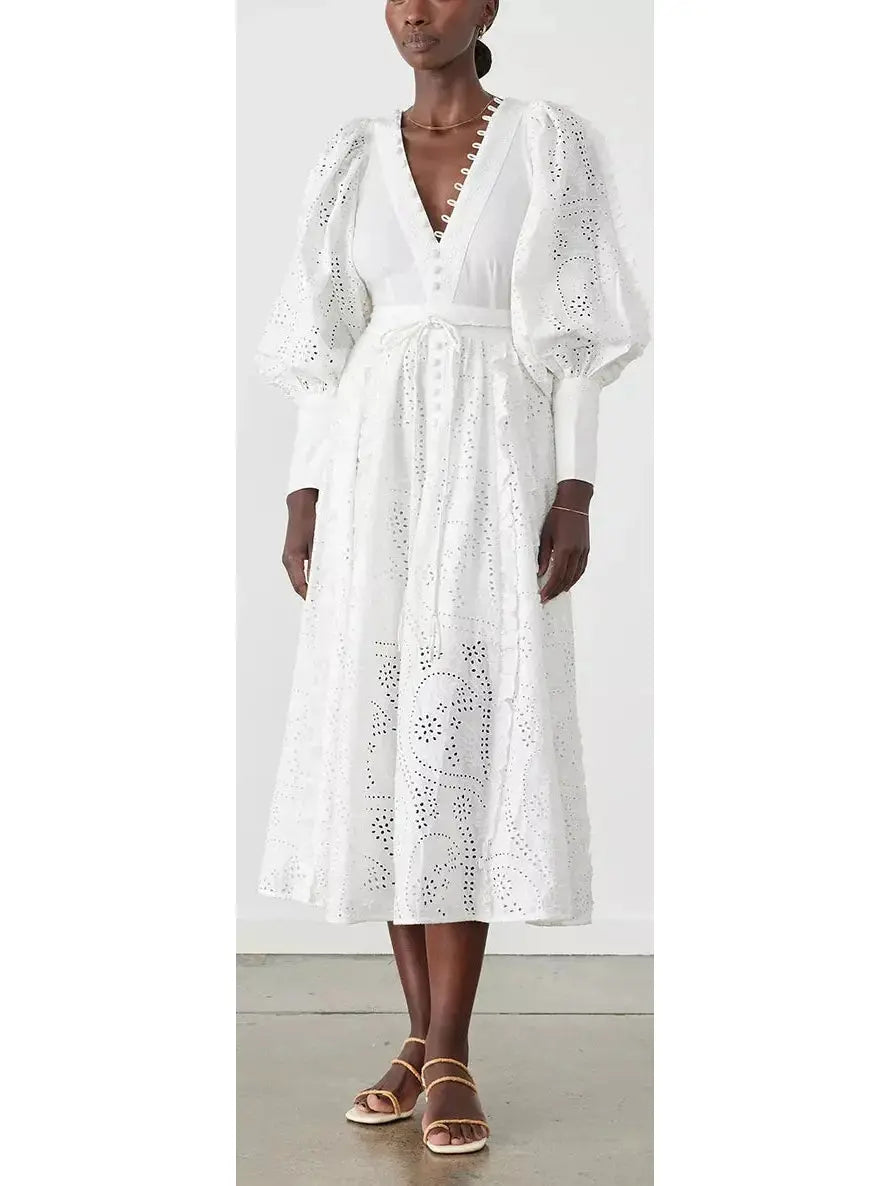 Cotton Broderie White Midi Dress - Dresses