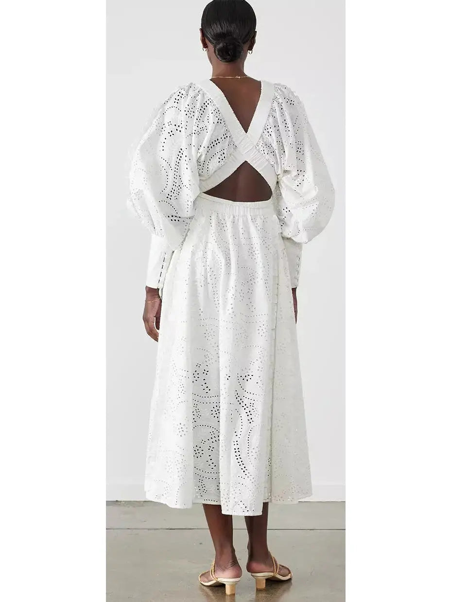 Cotton Broderie White Midi Dress - Dresses