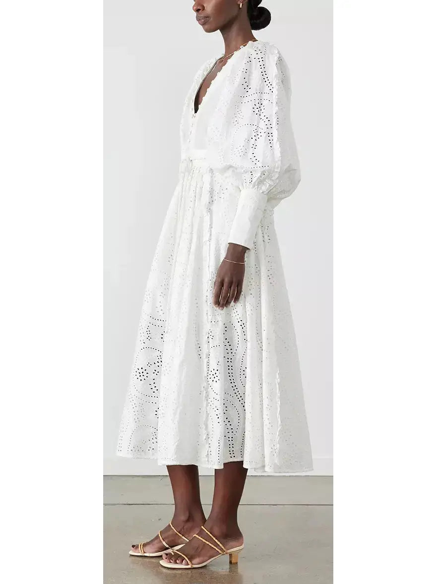 Cotton Broderie White Midi Dress - Dresses