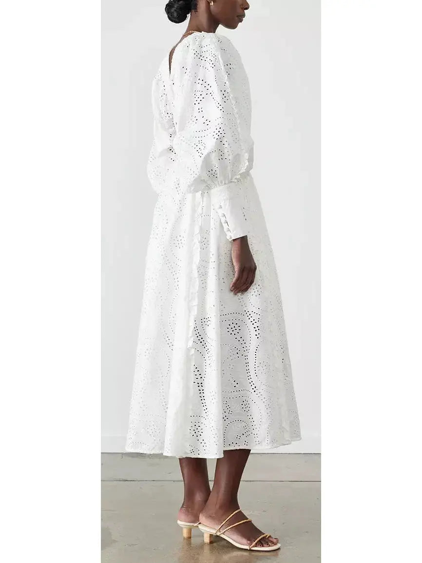 Cotton Broderie White Midi Dress - Dresses