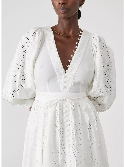 Cotton Broderie White Midi Dress - Dresses