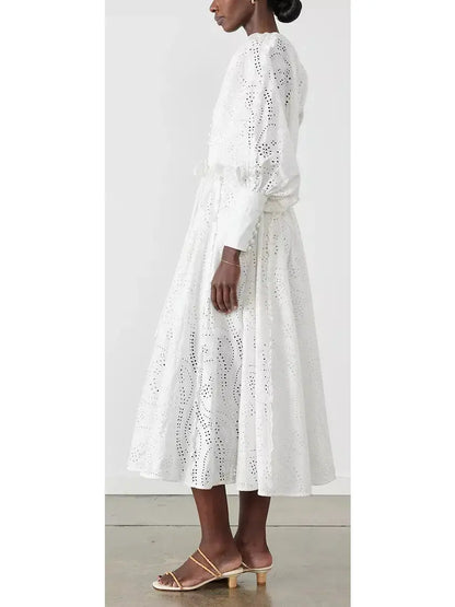 Cotton Broderie White Midi Dress - Dresses