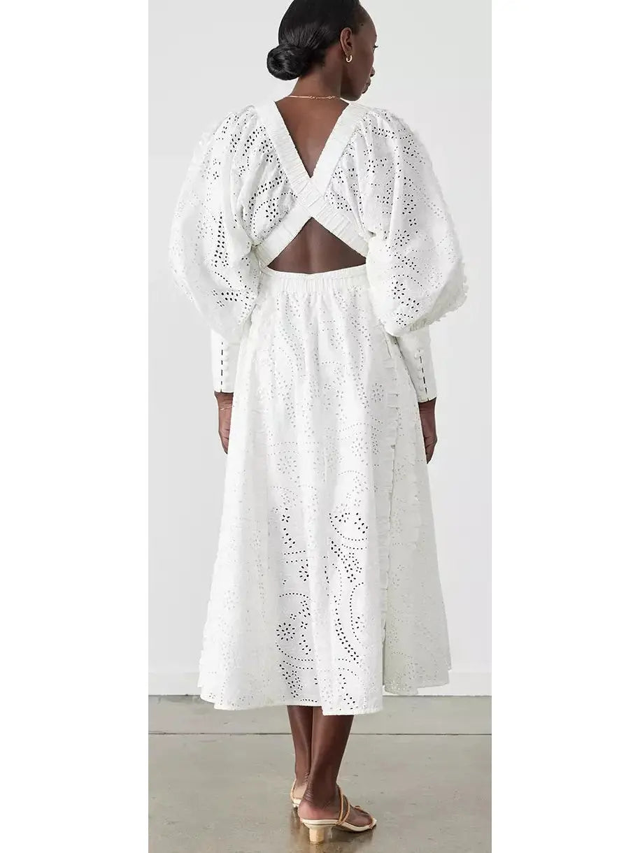 Cotton Broderie White Midi Dress - Dresses