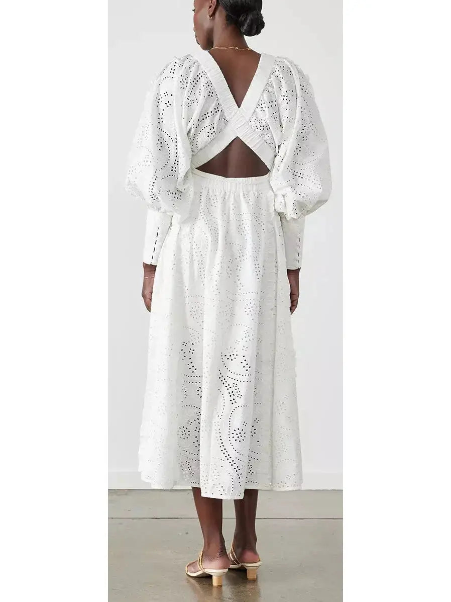 Cotton Broderie White Midi Dress - Dresses