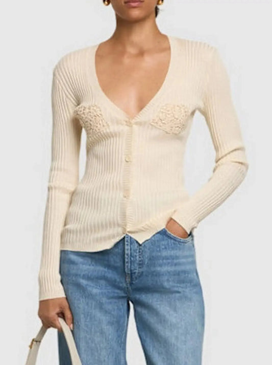 Cotton Crochet-Detail V-Neck Ribbed Cardigan - Sweaters & Knitwear