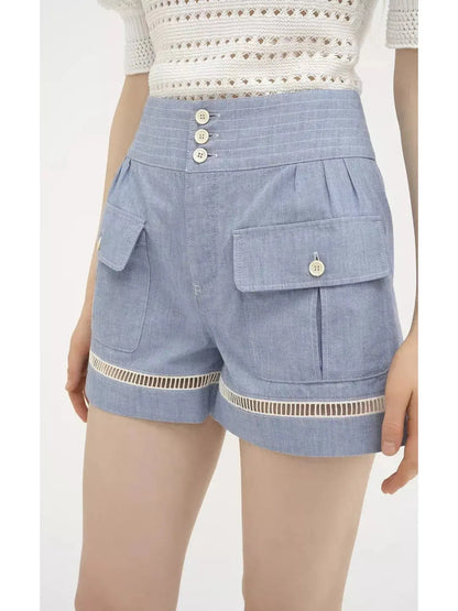 Cotton Denim Chambray Shorts - Jeans & Pants