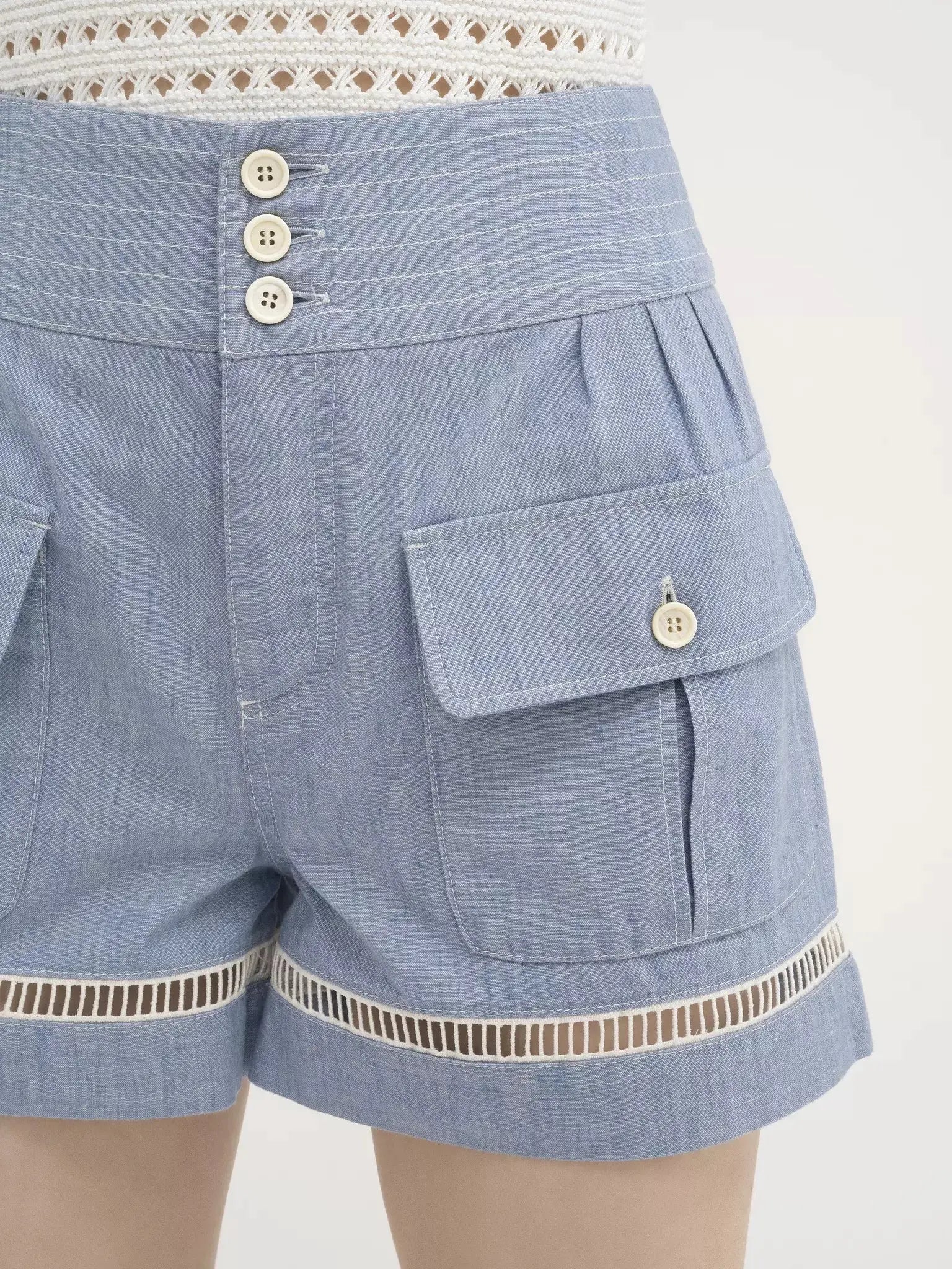 Cotton Denim Chambray Shorts - Jeans & Pants