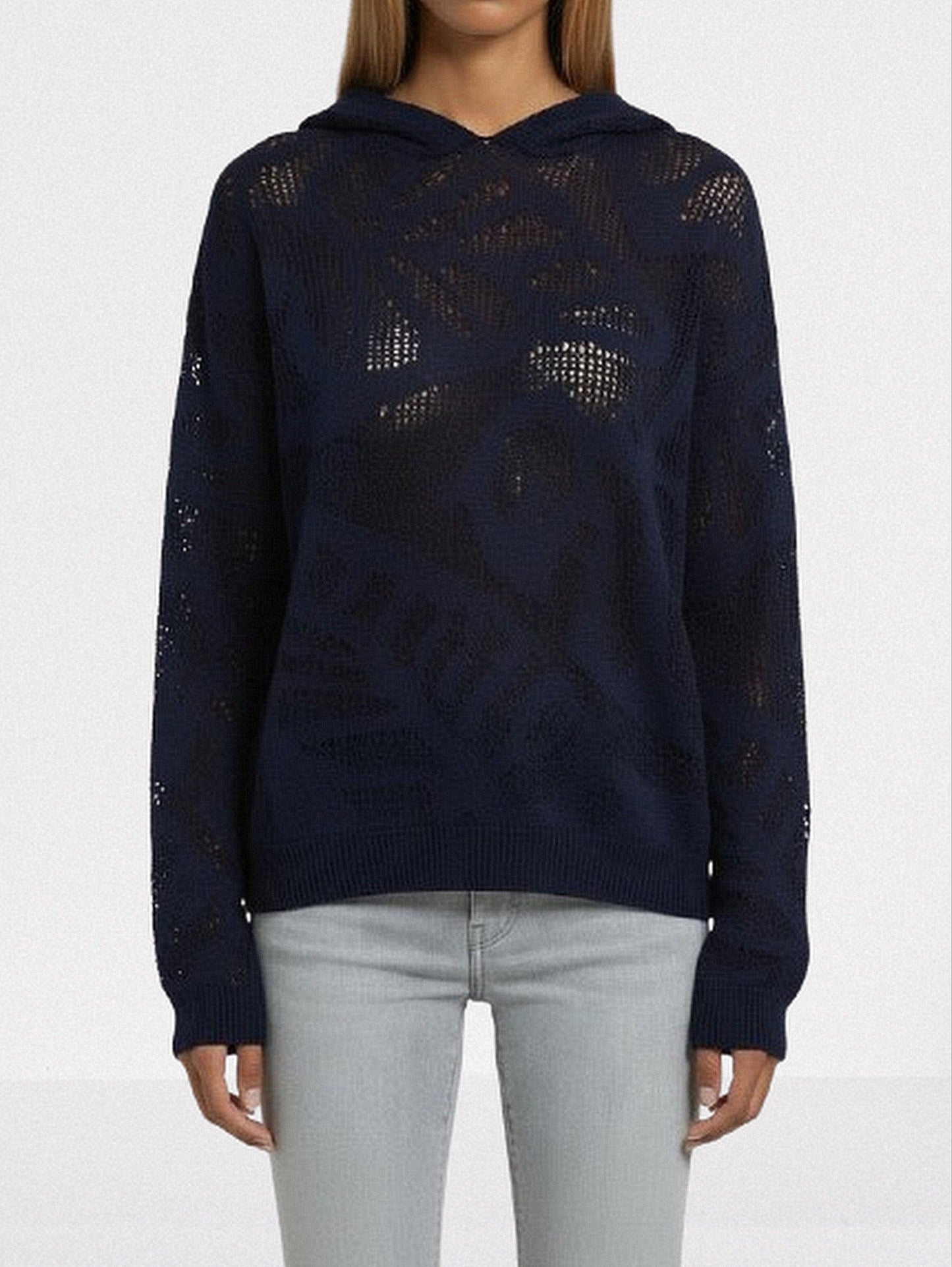 Cotton Hooded Open-Knit Sweater - Small / Navy - Sweaters & Knitwear