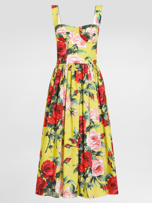 Yellow floral sundress featuring a cotton multicolored rose print for summer style