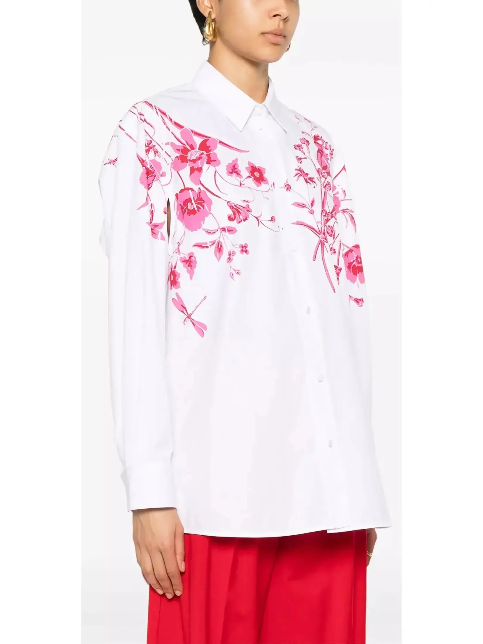 Cotton Poplin Shirt in White with Red Floral Print - Tops