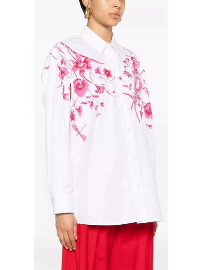 Cotton Poplin Shirt in White with Red Floral Print - Tops