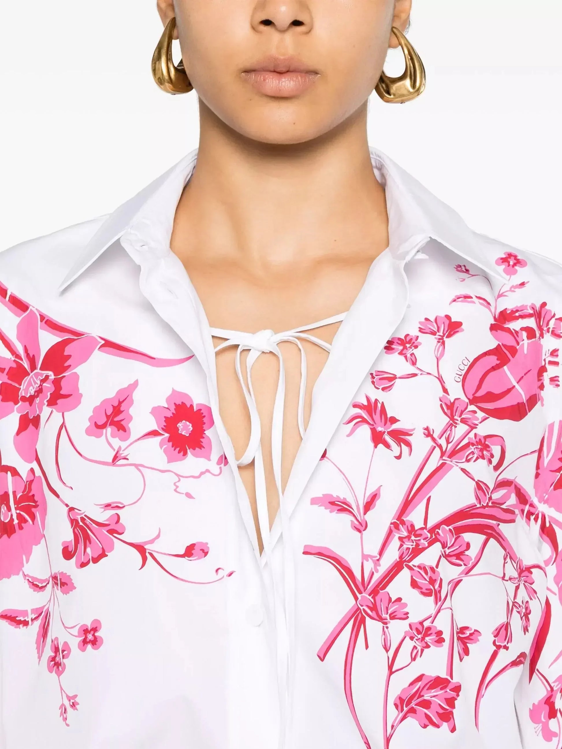 Cotton Poplin Shirt in White with Red Floral Print - Tops