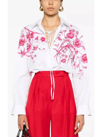 Cotton Poplin Shirt in White with Red Floral Print - Tops