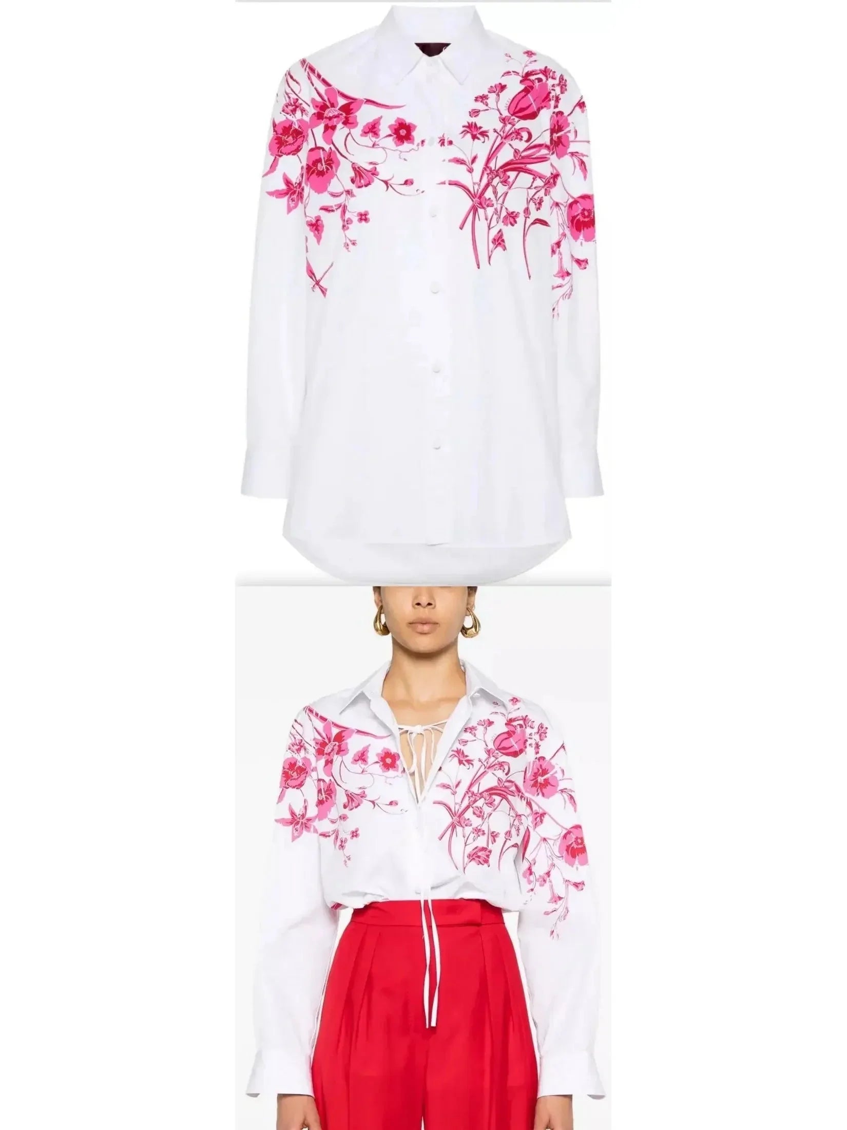 Cotton Poplin Shirt in White with Red Floral Print - Tops