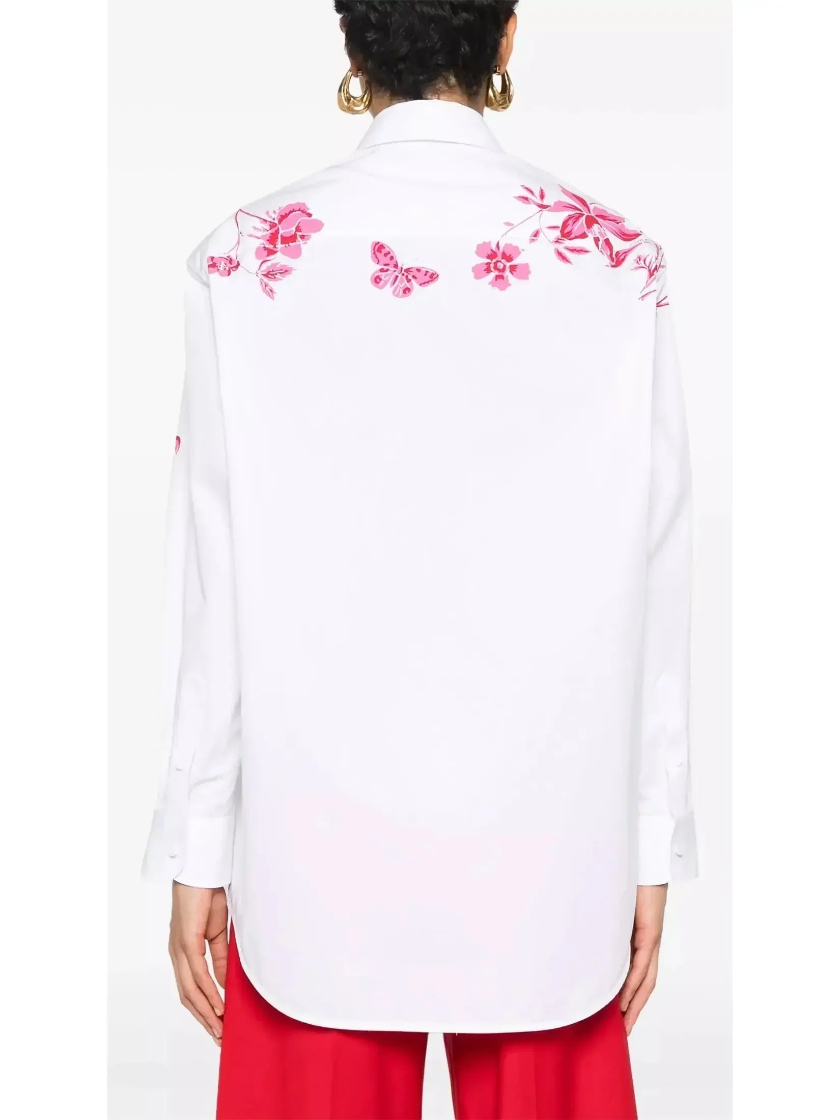 Cotton Poplin Shirt in White with Red Floral Print - Tops