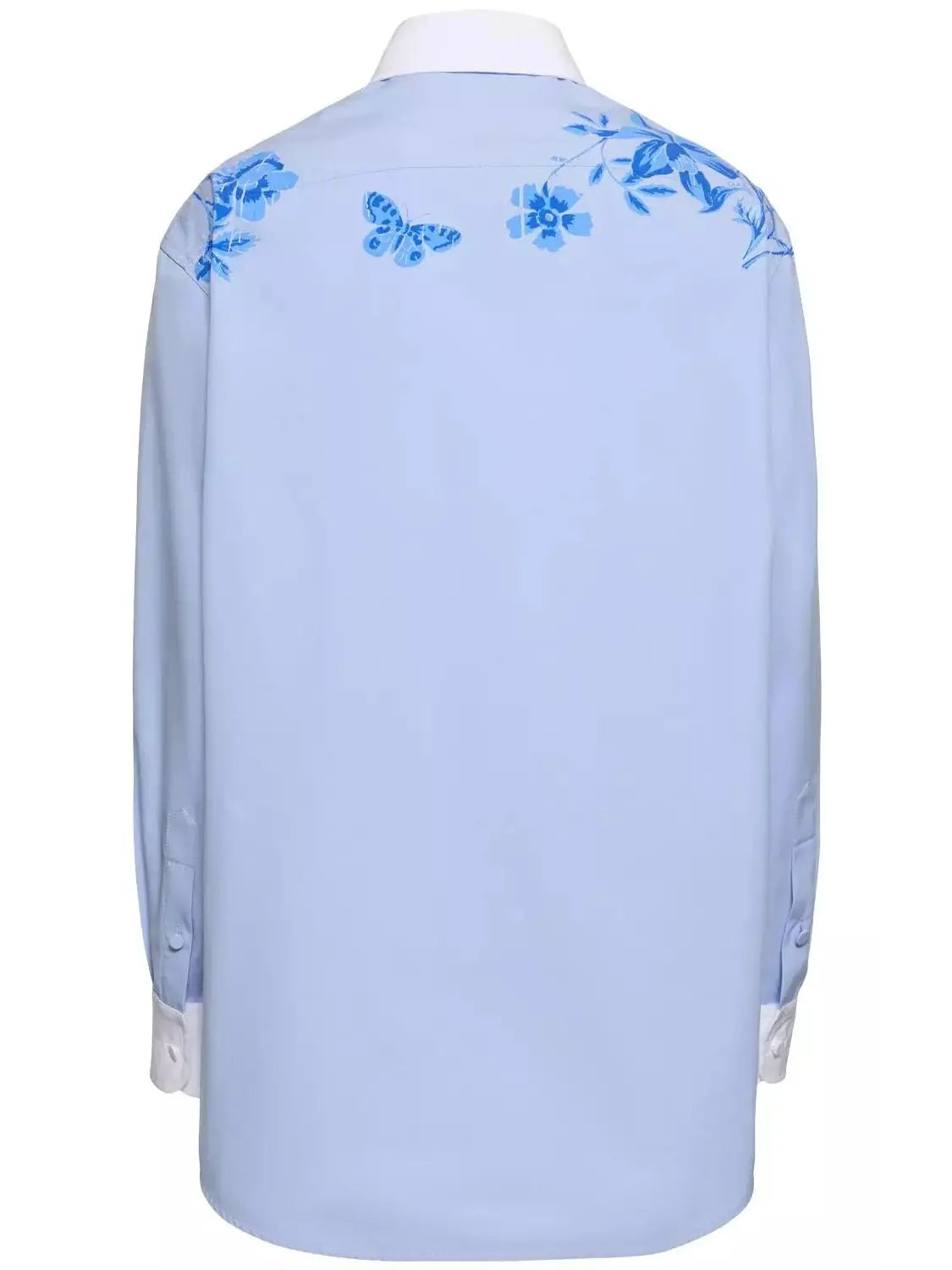 Cotton Poplin Shirt with Floral Print in Blue - Tops