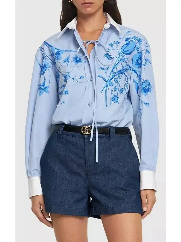 Cotton Poplin Shirt with Floral Print in Blue - Tops