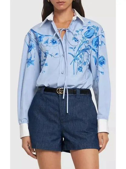 Cotton Poplin Shirt with Floral Print in Blue - Tops