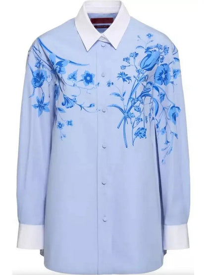 Cotton Poplin Shirt with Floral Print in Blue - Tops