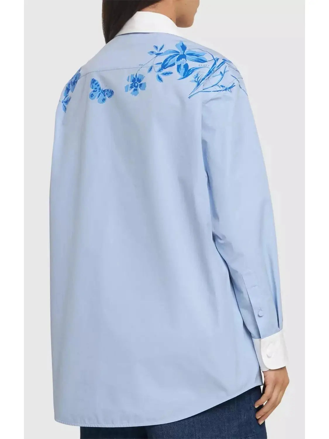 Cotton Poplin Shirt with Floral Print in Blue - Tops