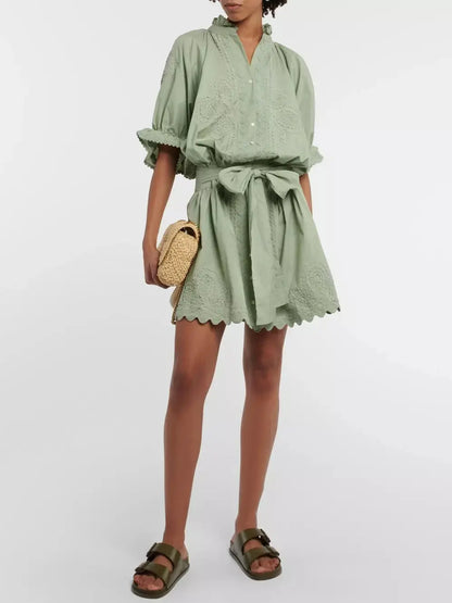 Cotton Poplin Tie-Waist Mini Shirt Dress - Dresses