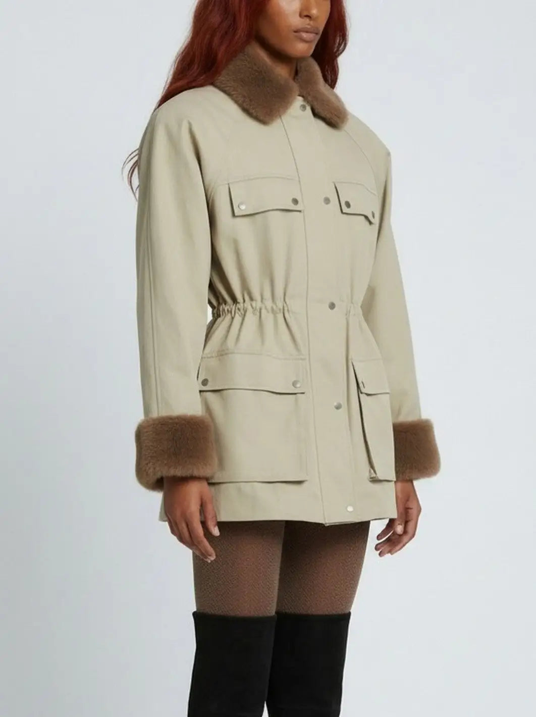 Cotton Utility Jacket with Faux-Fur Collar and Cuffs - Jackets