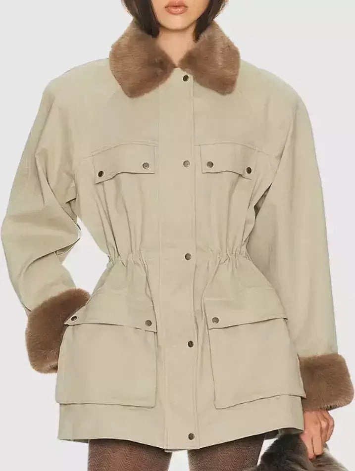 Cotton Utility Jacket with Faux-Fur Collar and Cuffs - Jackets