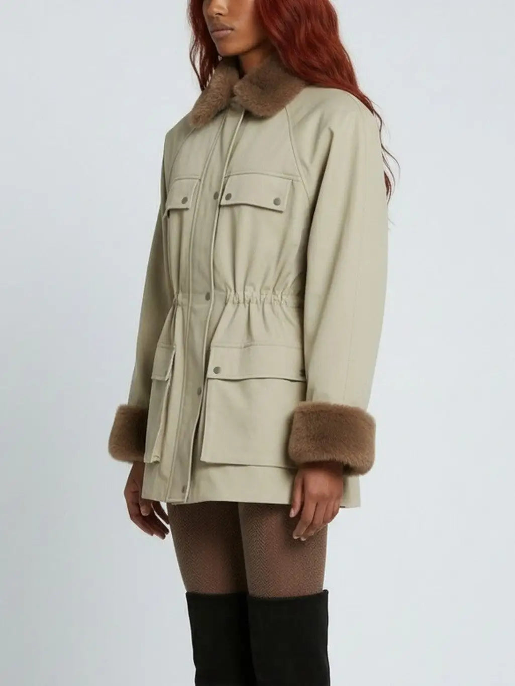 Cotton Utility Jacket with Faux-Fur Collar and Cuffs - Jackets