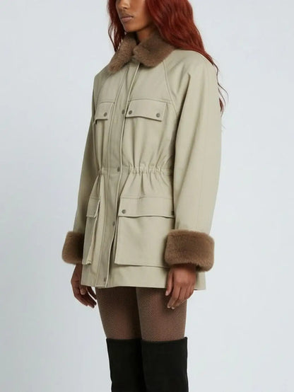 Cotton Utility Jacket with Faux-Fur Collar and Cuffs - Jackets