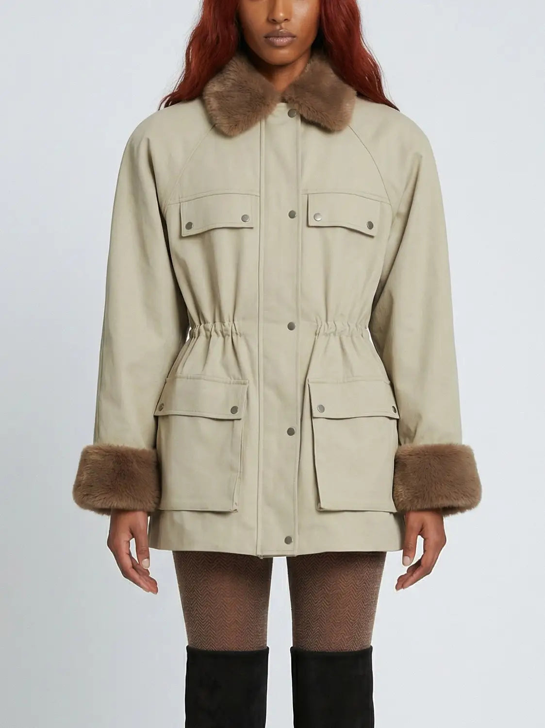 Cotton Utility Jacket with Faux-Fur Collar and Cuffs - Jackets