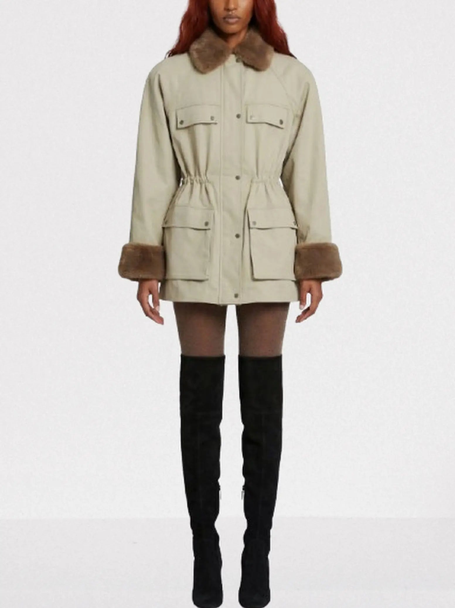 Cotton Utility Jacket with Faux-Fur Collar and Cuffs - Jackets