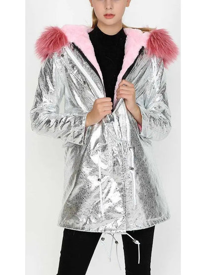 Crackle Silver Faux-Leather Full-Fur-Hooded and Lined Parka Coat - Coats