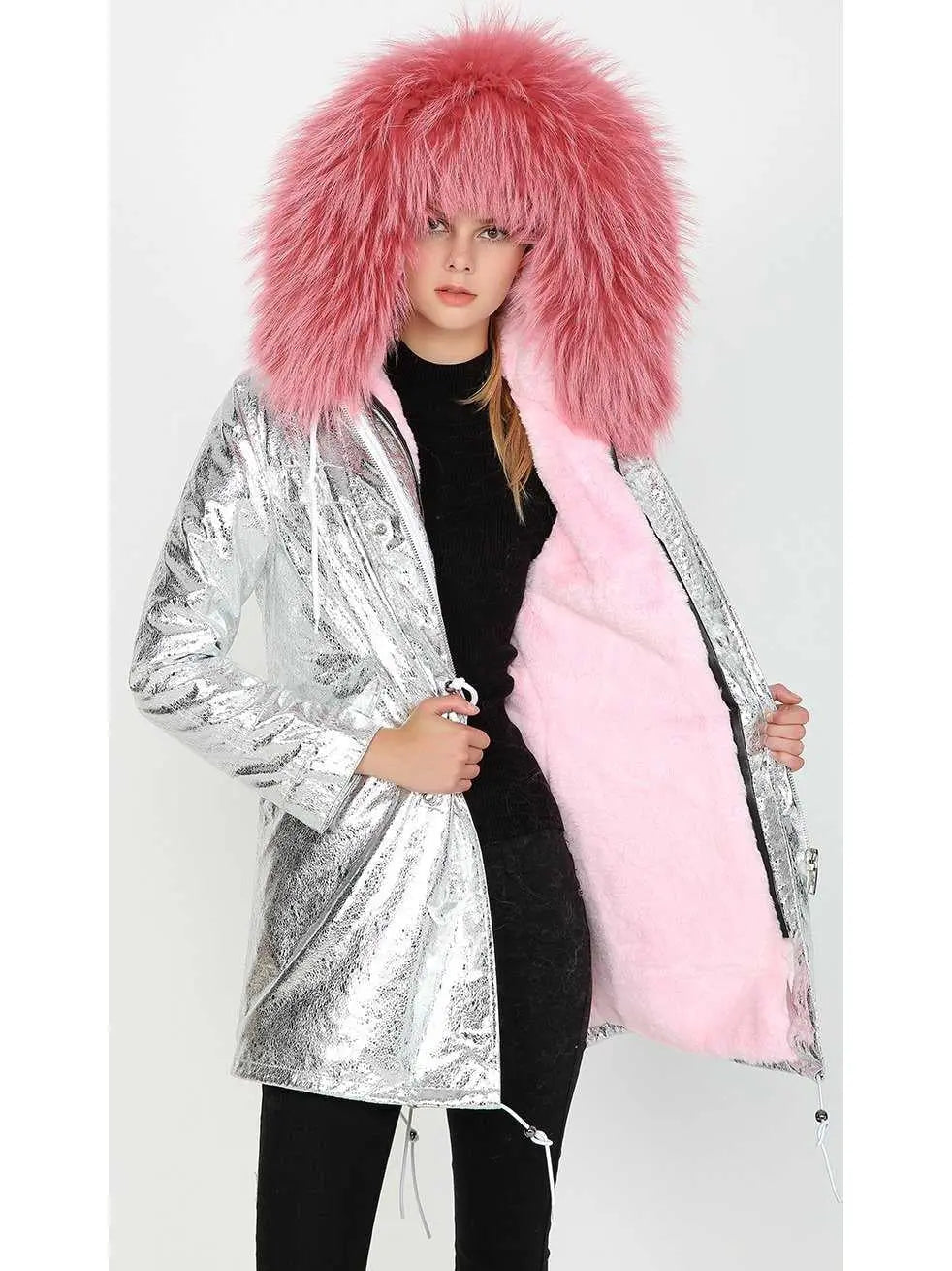 Crackle Silver Faux-Leather Full-Fur-Hooded and Lined Parka Coat - Coats