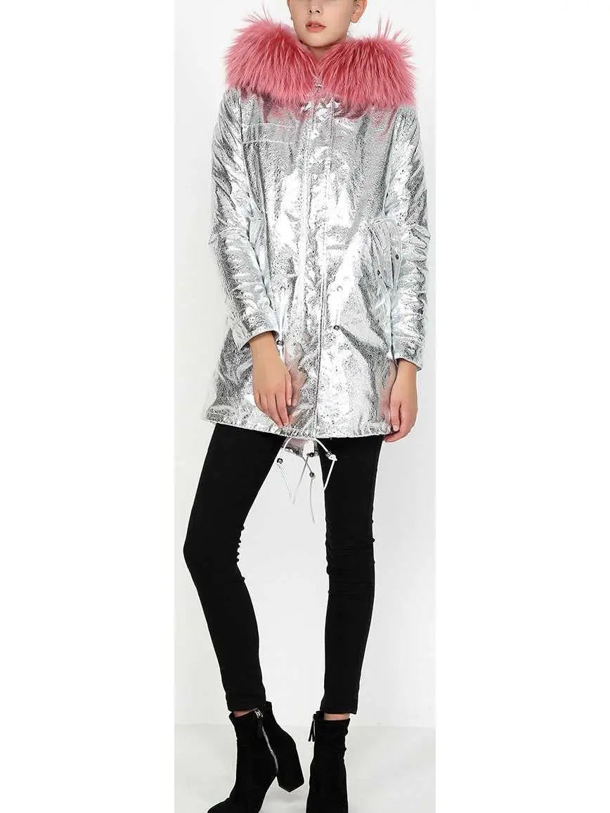 Crackle Silver Faux-Leather Full-Fur-Hooded and Lined Parka Coat - Coats