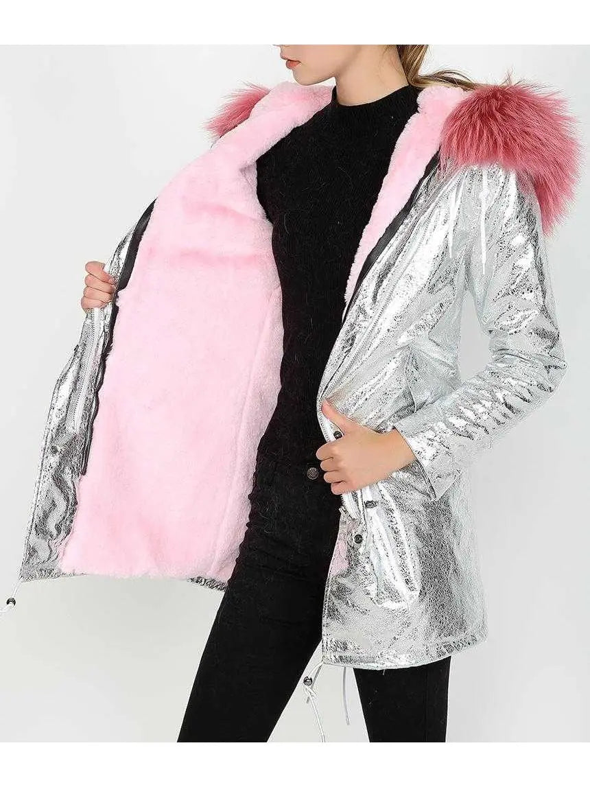 Crackle Silver Faux-Leather Full-Fur-Hooded and Lined Parka Coat - Coats