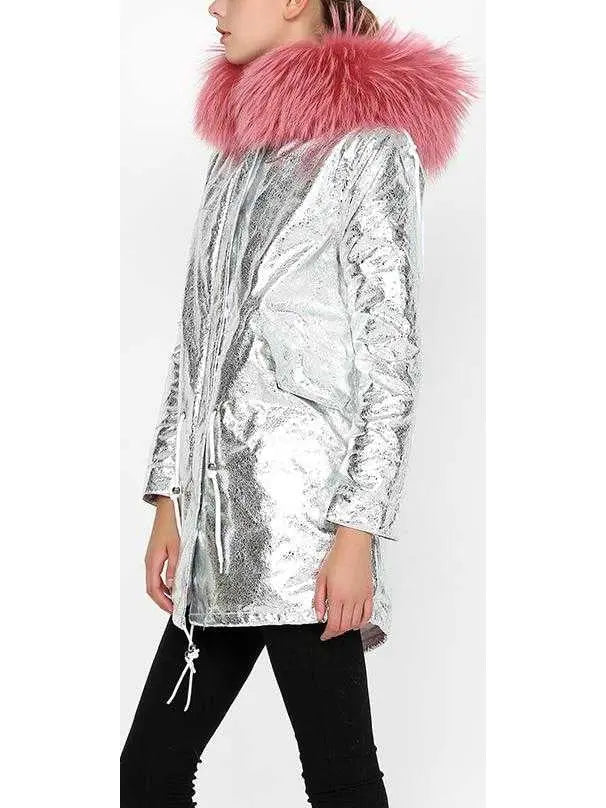 Crackle Silver Faux-Leather Full-Fur-Hooded and Lined Parka Coat - Coats