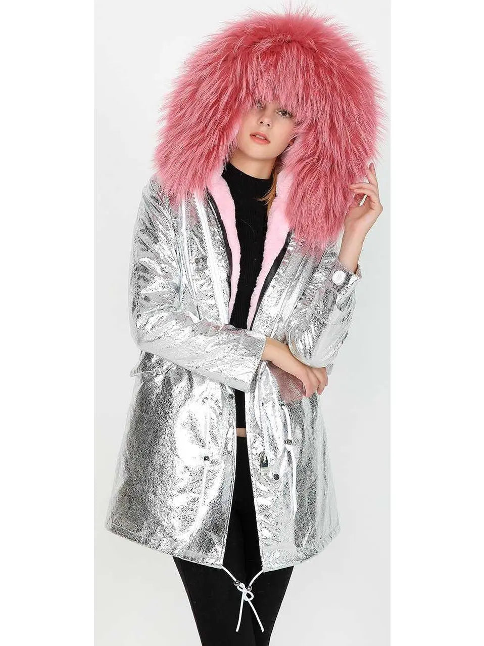 Crackle Silver Faux-Leather Full-Fur-Hooded and Lined Parka Coat - Coats