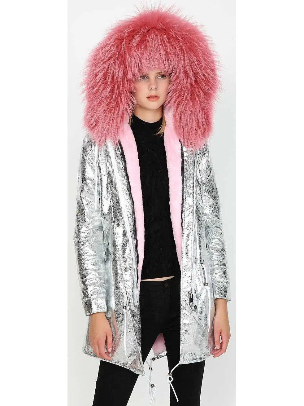 Crackle Silver Faux-Leather Full-Fur-Hooded and Lined Parka Coat - Coats