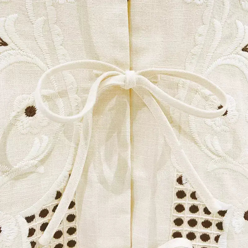 Cream Embroidered Tie-Front Blouse - Tops