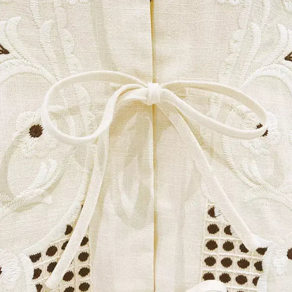 Cream Embroidered Tie-Front Blouse - Tops