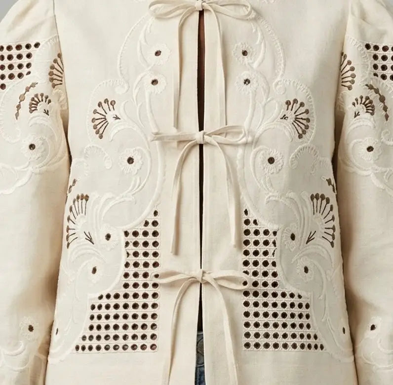 Cream Embroidered Tie-Front Blouse - Tops