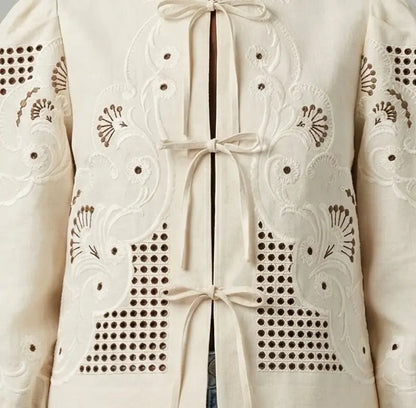 Cream Embroidered Tie-Front Blouse - Tops