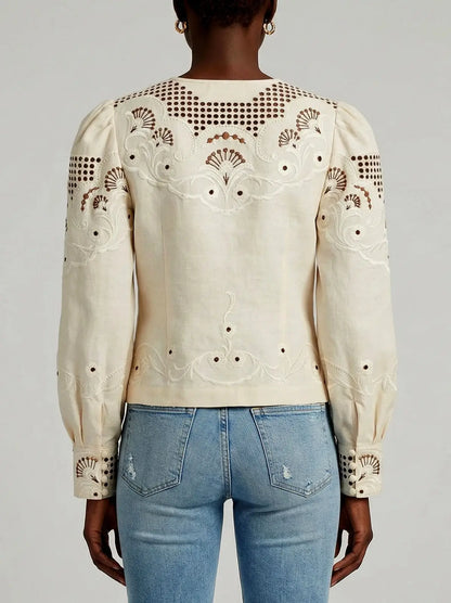 Cream Embroidered Tie-Front Blouse - Tops