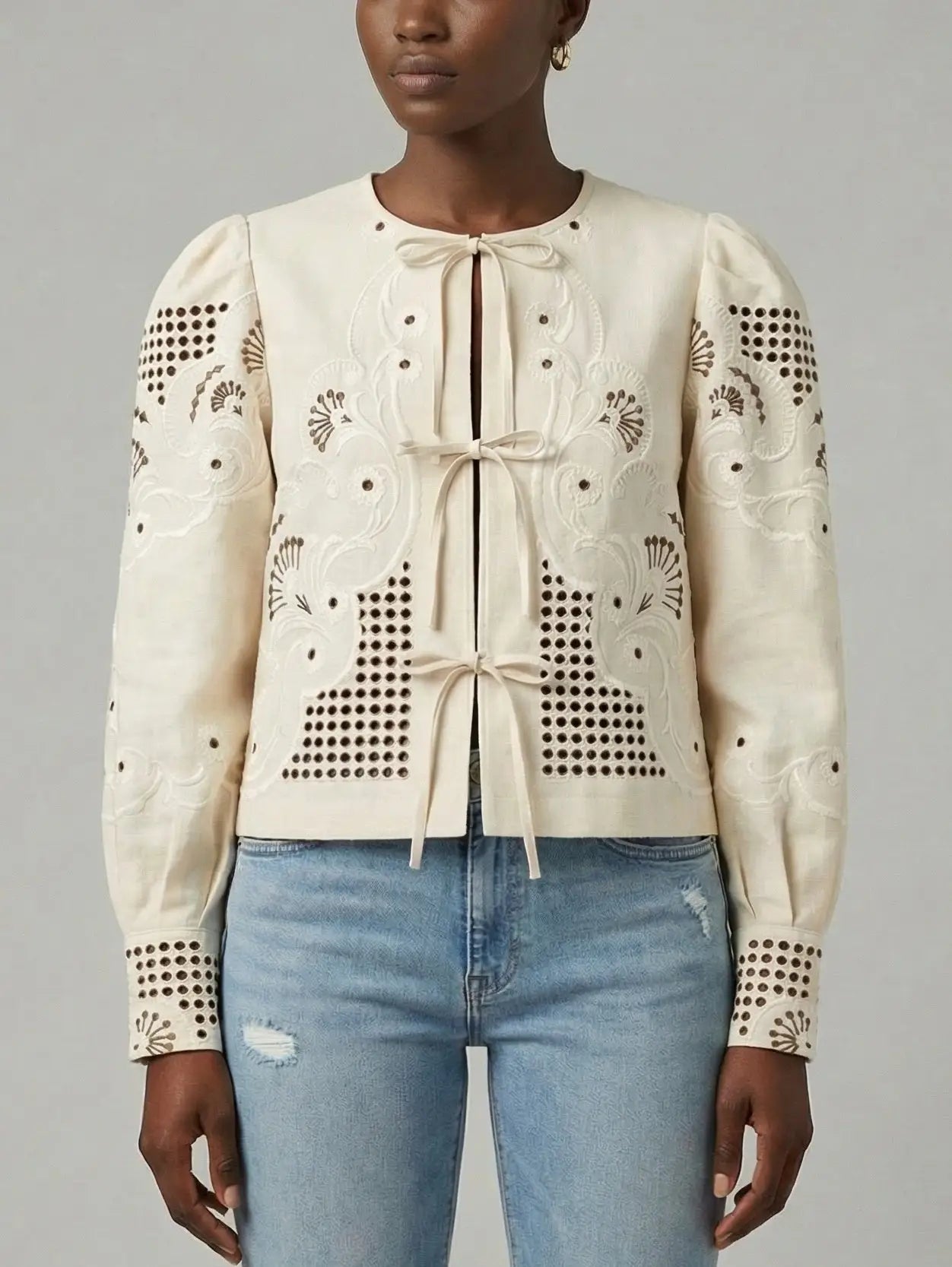 Cream Embroidered Tie-Front Blouse - Tops