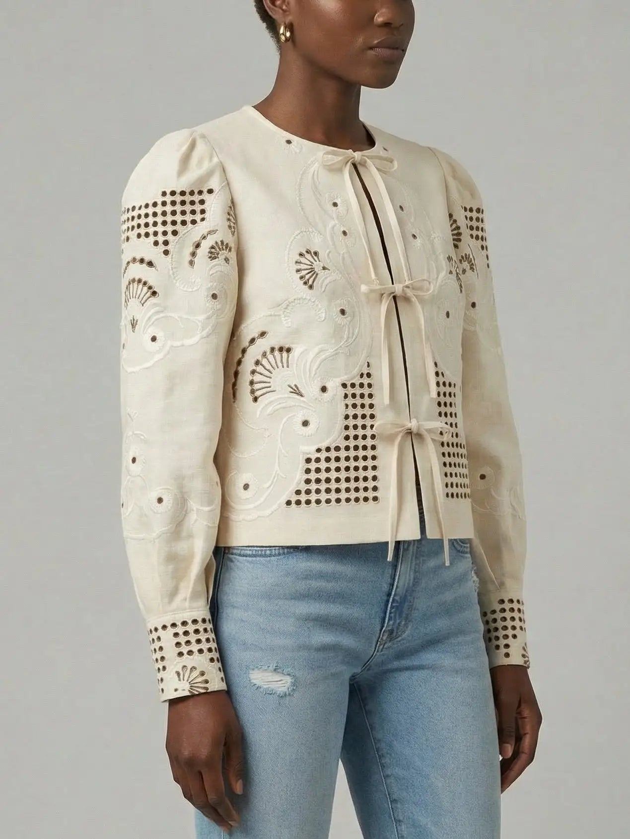 Cream Embroidered Tie-Front Blouse - Tops
