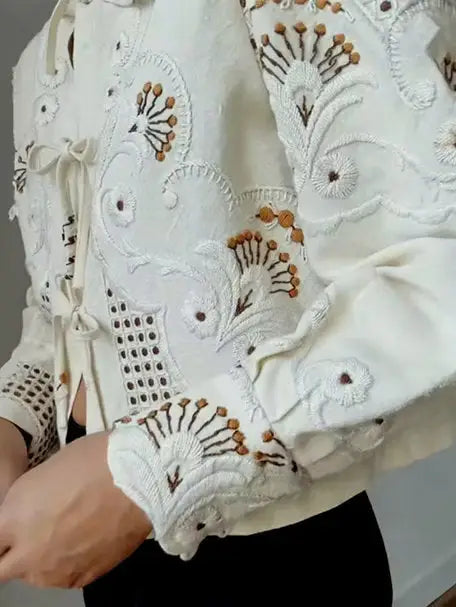 Cream Embroidered Tie-Front Blouse - Tops