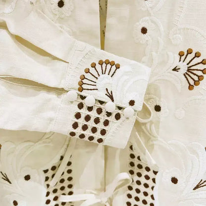 Cream Embroidered Tie-Front Blouse - Tops